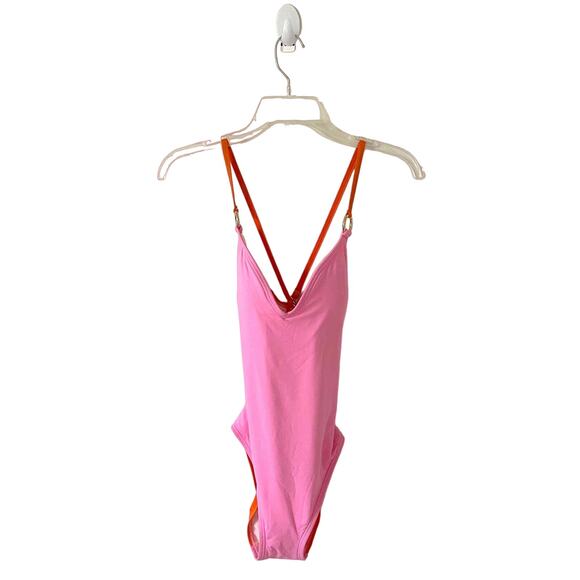 Kate Spade Color Block Gold One Piece Bathing Suit Pink Orange Medium NEW - Picture 3 of 7